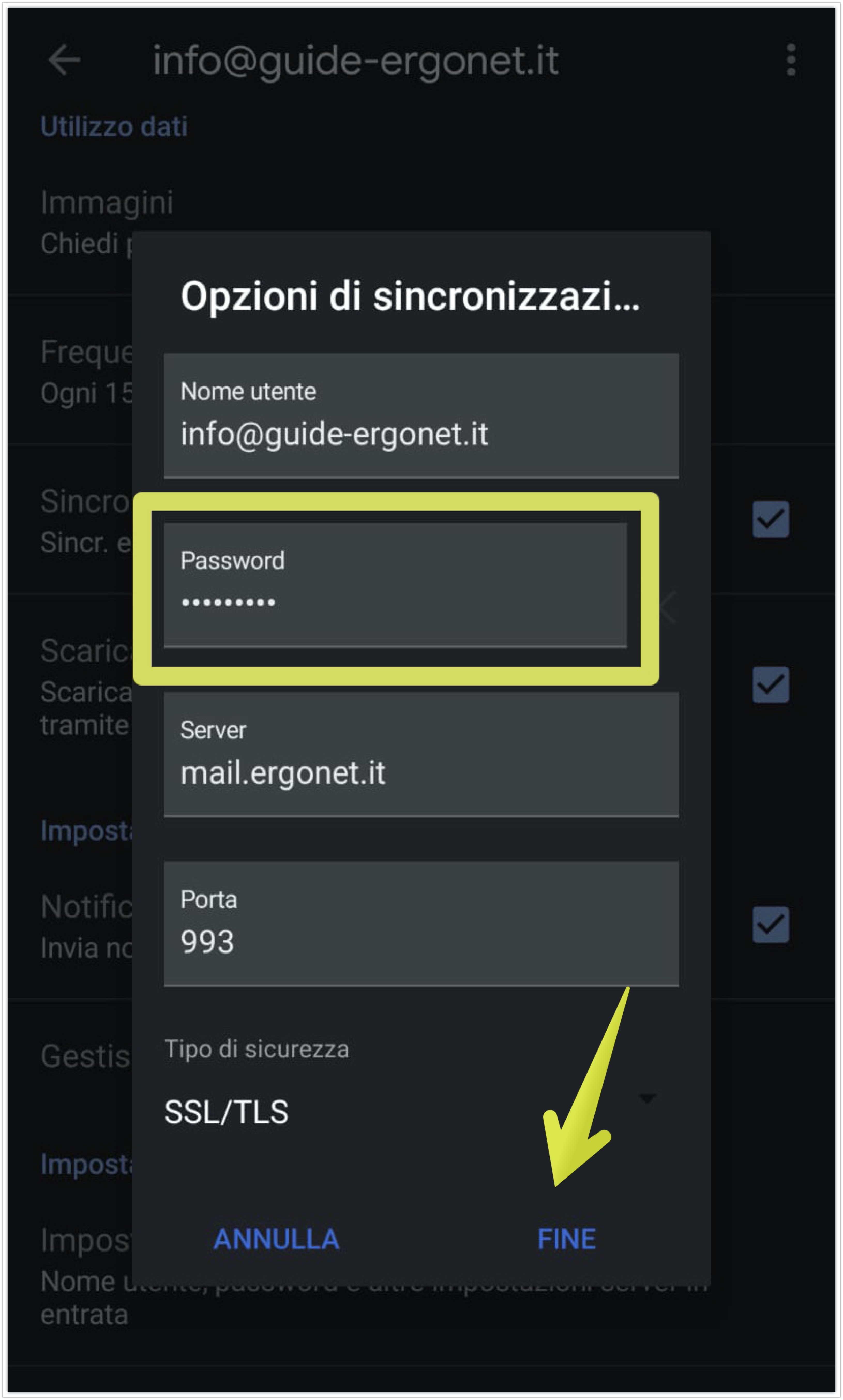 Modifica della password per la configurazione della posta in entrata