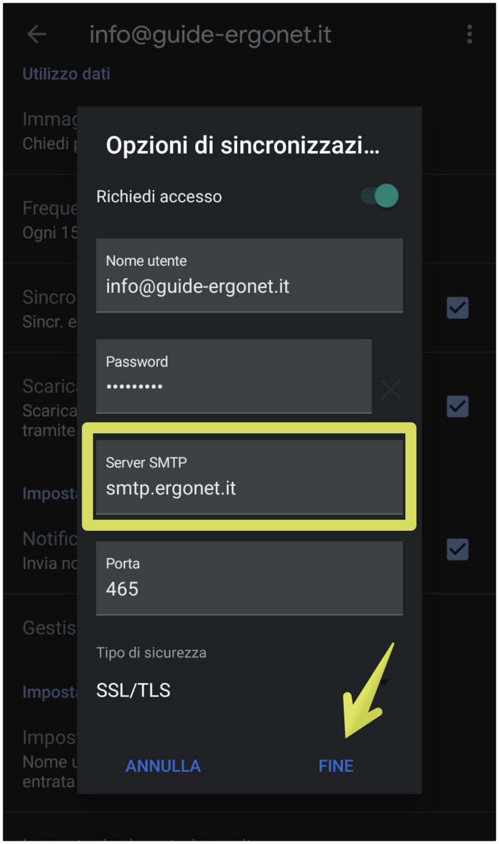Modifica della password per la posta in uscita