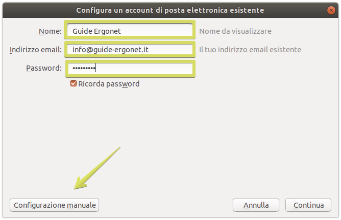 Avvio della configurazione manuale dell'account mail