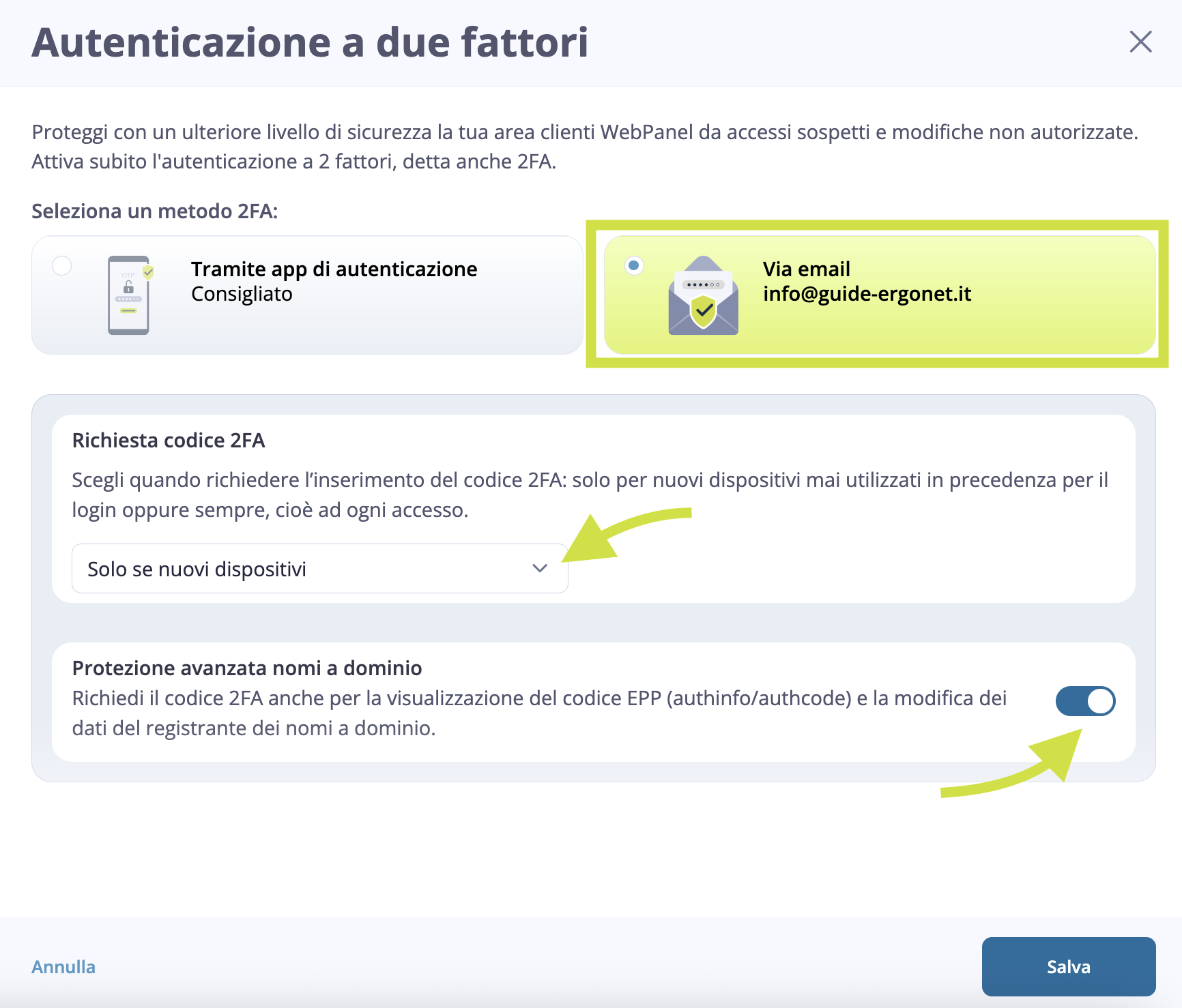 Attivazione due fattori tramite email