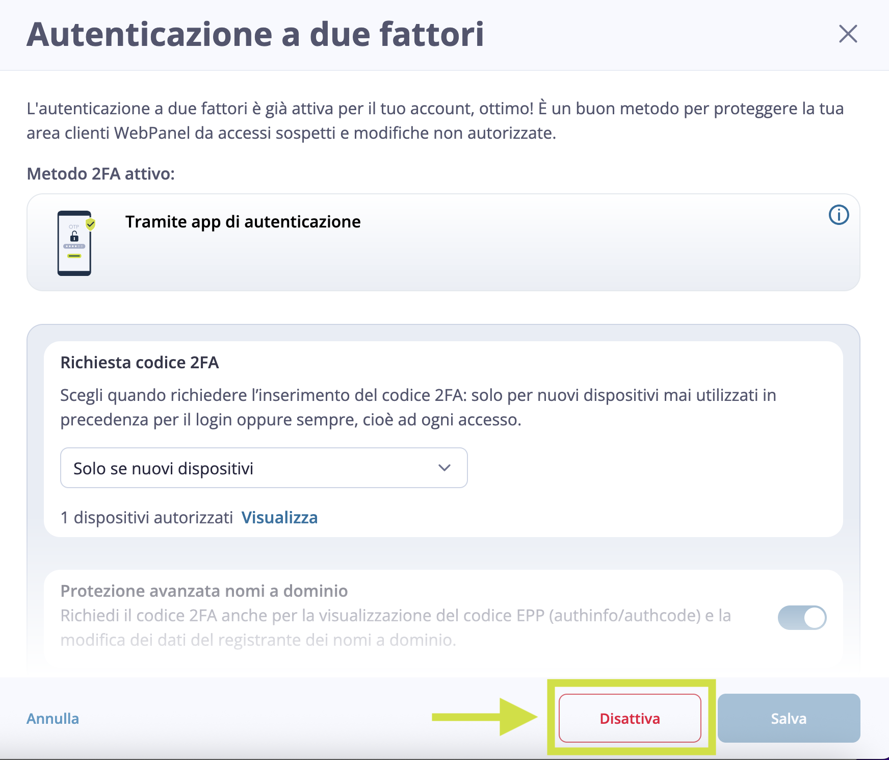 WebPanel - Disattivazione 2FA
